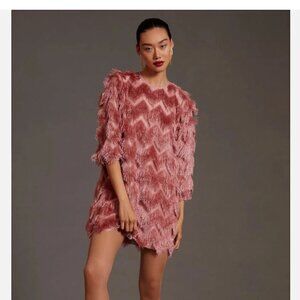 ANTHROPOLOGIE HUTCH FRINGE CHEVRON MINI SHIFT DRESS PINK MEDIUM